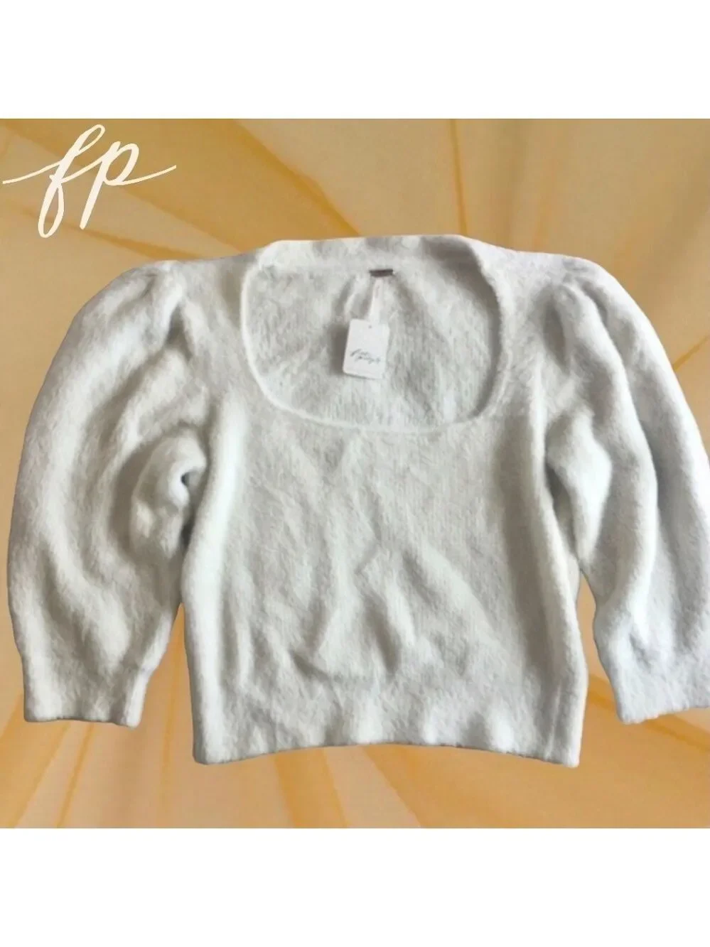 FREE PEOPLE NWT Moonbeam Fuzzy 3/4 Puff Sleeve Cropped Scoop Neck Sweater/Lg